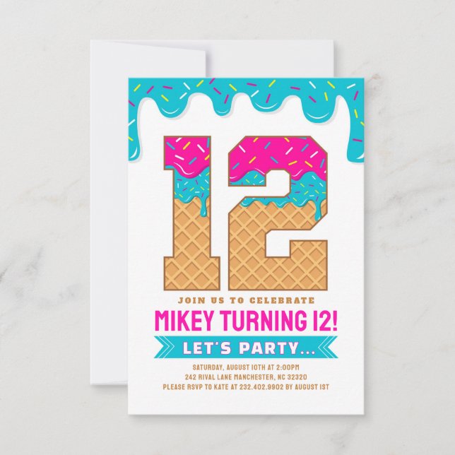 Einladung zum 12. Geburtstag mit Eis-Drip-Design (Vorderseite)