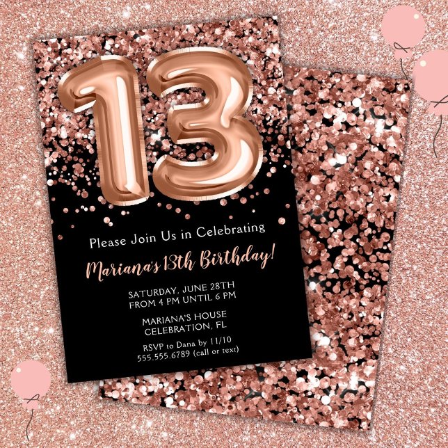 Einladung zum 13. Geburtstag Schwarz Rose Gold Gli (Von Creator hochgeladen)
