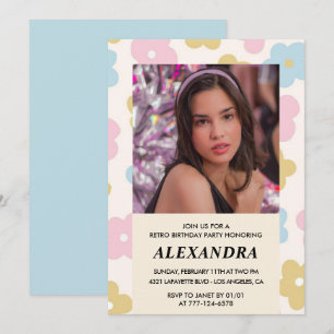 Einladung zum 14. Geburtstag Retro Groovy Blumen C