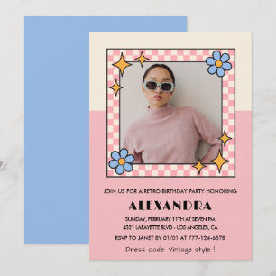 Einladung zum 15. Geburtstag Retro Groovy Pink Blu