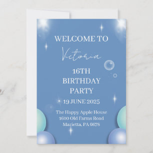 Einladung zum 16. Geburtstag Blue Sparkle Bubbles