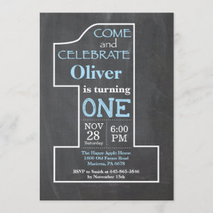Einladung zum 1. Geburtstag Boy Blue Chalkboard