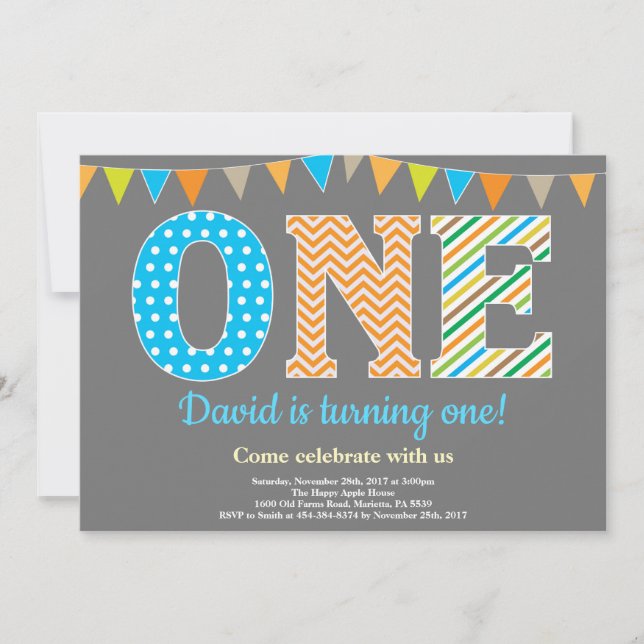 Einladung zum 1. Geburtstag. Boy First Geburtstag (Vorderseite)