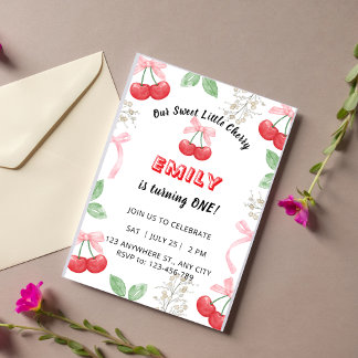 Einladung zum 1. Geburtstag Cherry Bows Mädchen Ro