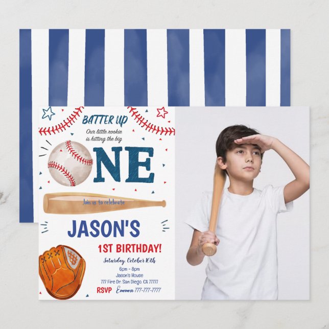 Einladung zum 1. Geburtstag Foto Baseball (Vorne/Hinten)