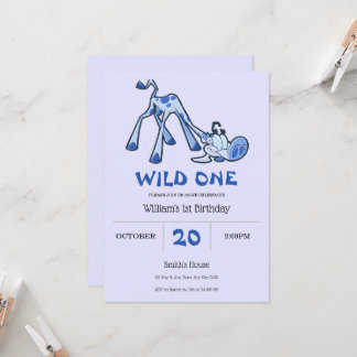 Einladung zum 1. Geburtstag: Giraffe mit blauen Fl