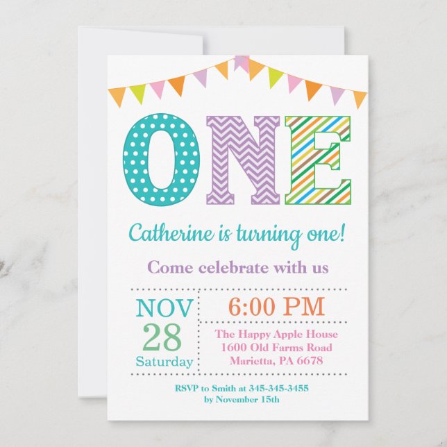 Einladung zum 1. Geburtstag. Girl First Geburtstag (Vorderseite)