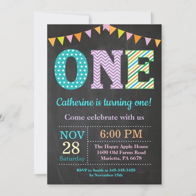 Einladung zum 1. Geburtstag. Girl First Geburtstag (Vorderseite)