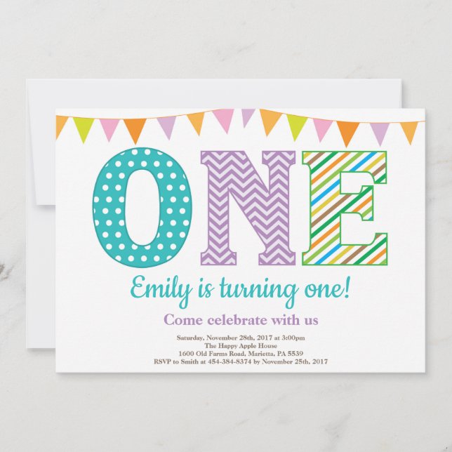 Einladung zum 1. Geburtstag. Girl First Geburtstag (Vorderseite)