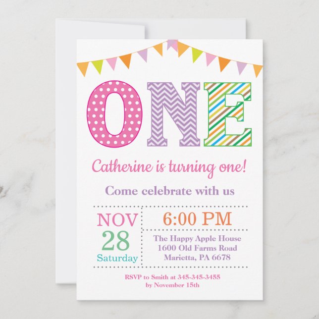 Einladung zum 1. Geburtstag. Girl First Geburtstag (Vorderseite)