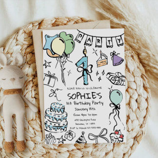 Einladung zum 1. Geburtstag, Handgezeichnet Geburt