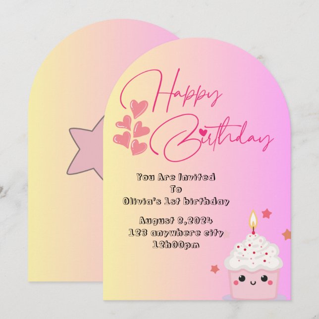 Einladung zum 1. Geburtstag Mädchen in Rosa (Vorne/Hinten)