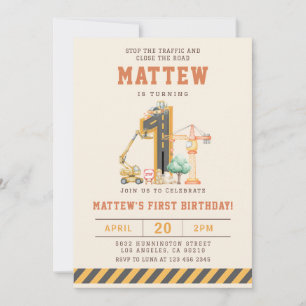 Einladung zum 1. Geburtstag mit Baustellenfahrzeug