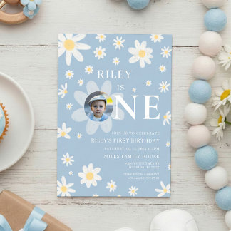 Einladung zum 1. Geburtstag mit Foto Blue Daisy