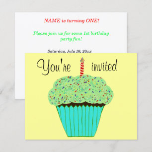 Einladung zum 1. Geburtstag mit grünem Cupcake zum