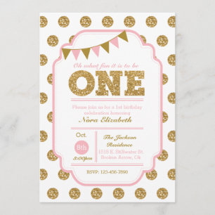 Einladung zum 1. Geburtstag - Pink- und Goldpolka-