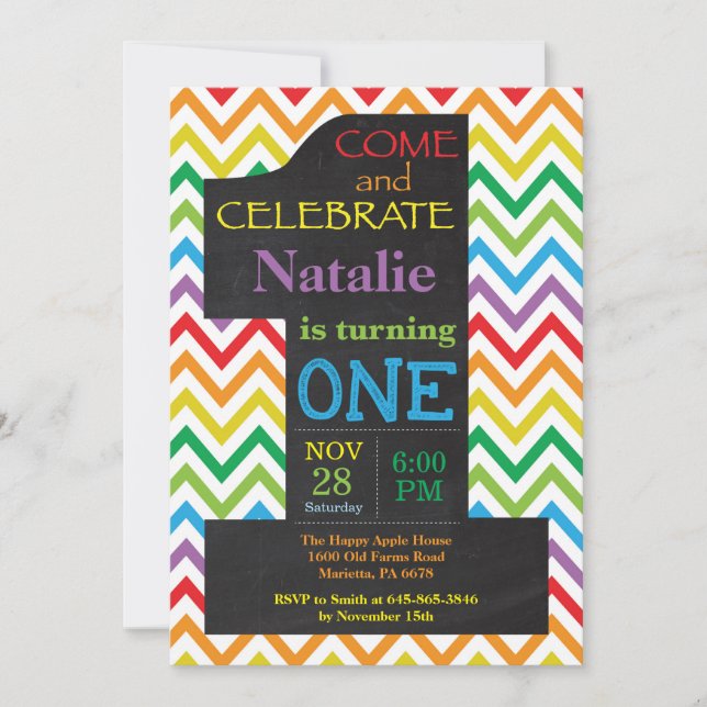 Einladung zum 1. Geburtstag Rainbow Chalkboard (Vorderseite)