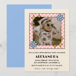 Einladung zum 1. Geburtstag Retro Groovy Blau Flor