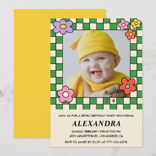 Einladung zum 1. Geburtstag Retro Groovy Blume