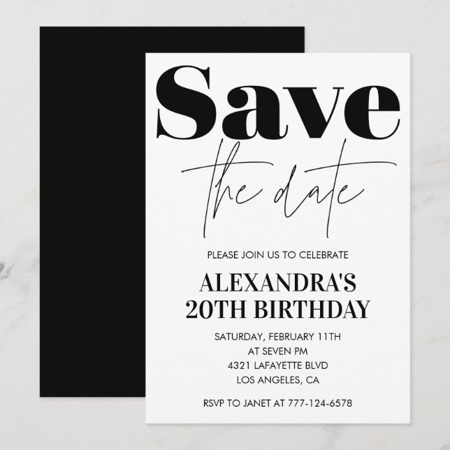 Einladung zum 20. Geburtstag Save the Date Schwarz (Vorne/Hinten)