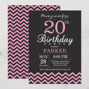 Einladung zum 20. Geburtstag Schwarz und Rosa Chev