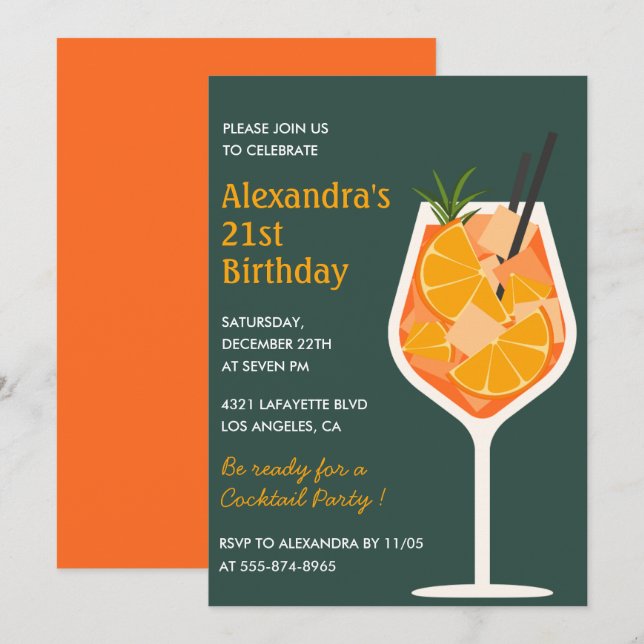 Einladung zum 21. Geburtstag Cocktail Elegant Mode (Vorne/Hinten)