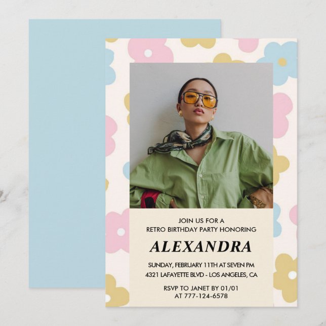 Einladung zum 21. Geburtstag Retro Groovy Blume Ni (Vorne/Hinten)