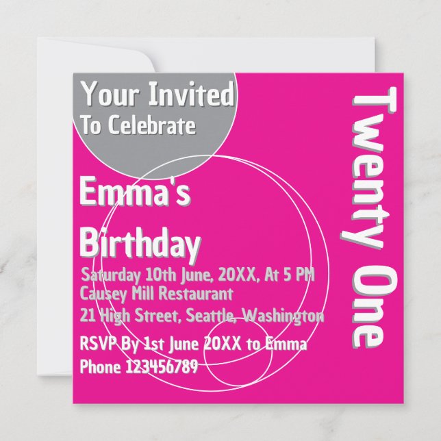 Einladung zum 21. Geburtstag von Pink (Vorderseite)