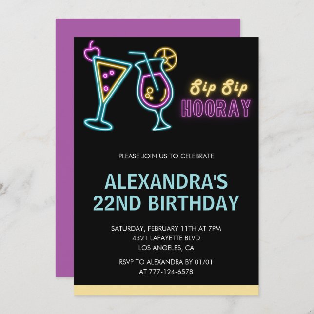 Einladung zum 22. Geburtstag Cocktail Neon Glow (Vorne/Hinten)