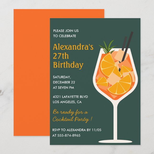 Einladung zum 27. Geburtstag Cocktail Elegant Mode (Vorne/Hinten)