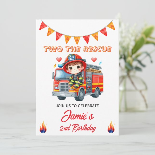Einladung zum 2. Geburtstag mit Feuerwehrauto "Two (Stehend Vorderseite)