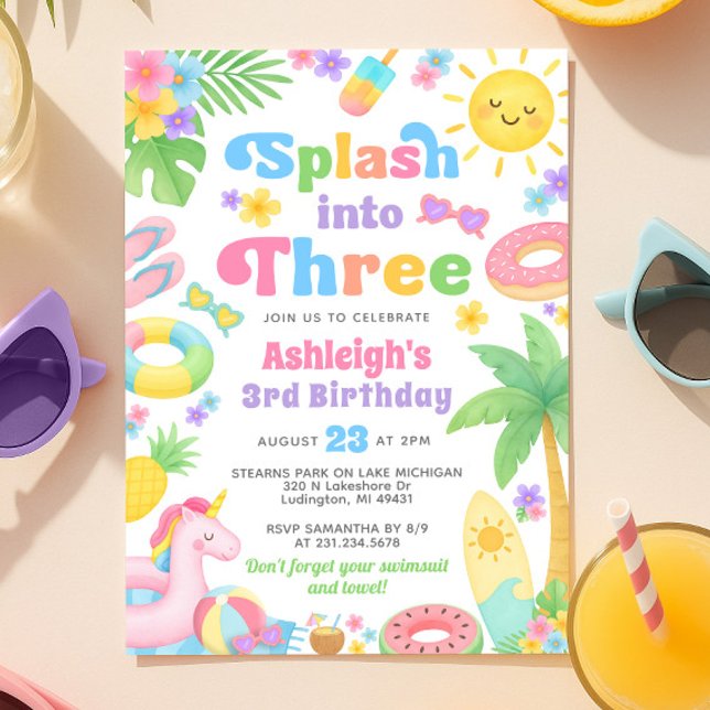 Einladung zum 3. Geburtstag im Sommer - Einschlag  (Summer 3rd Birthday Invitation - Splash into Three)