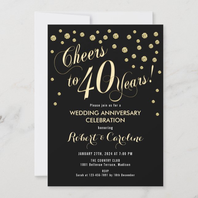 Einladung zum 40. Hochzeitstag - Black & Gold (Vorderseite)