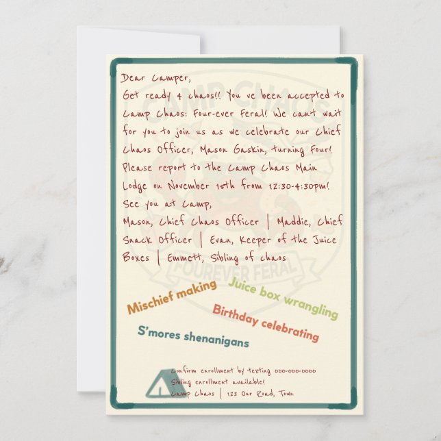Einladung zum 4. Geburtstag: Camp Chaos - Für imme (Vorderseite)