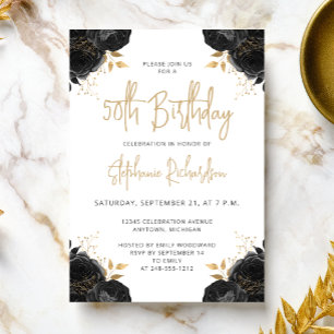Einladung zum 50. Geburtstag Black Gold Floral Whi