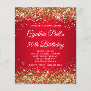 Einladung zum 50. Geburtstag mit Gold Glitter Rot Flyer