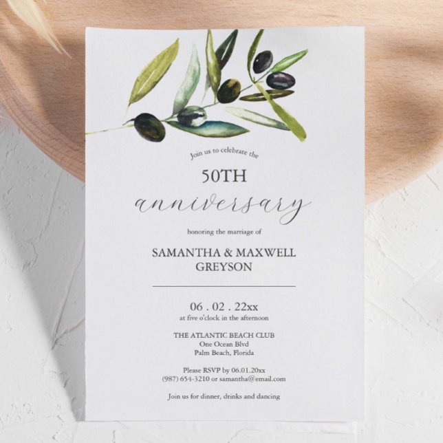 Einladung zum 50. Hochzeitstag (50th anniversary invitations feature unique watercolor olive branch art by Victoria Grigaliunas)