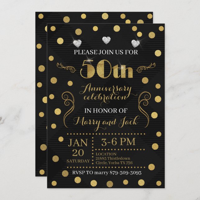 Einladung zum 50. Hochzeitstag - Black & Gold (Vorne/Hinten)