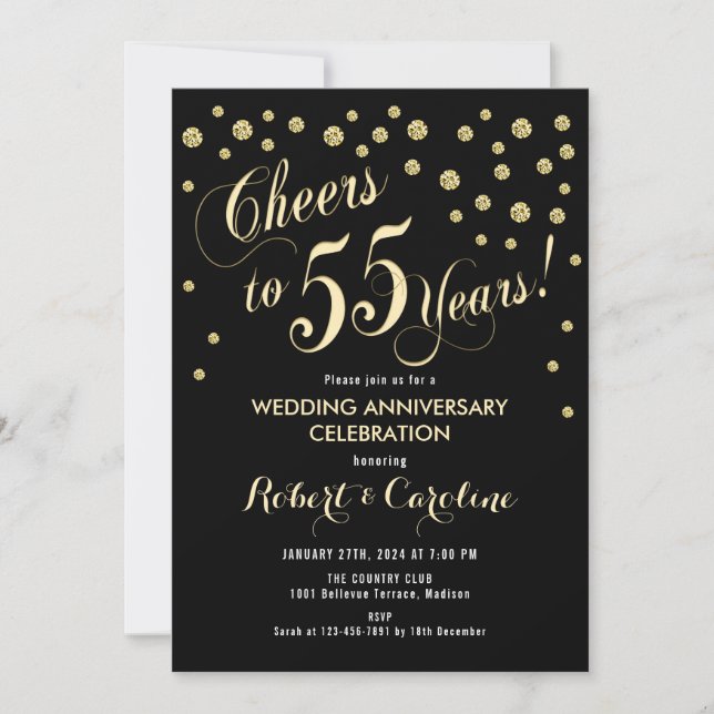 Einladung zum 55. Hochzeitstag - Black & Gold (Vorderseite)