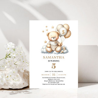 Einladung zum 5. Geburtstag Teddybär Gold Elfenbei