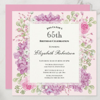 Einladung zum 65. Geburtstag Elegante rosa Blumen