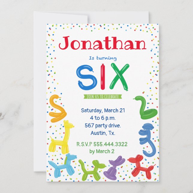 Einladung zum 6. Geburtstag von Tierballons (Vorderseite)