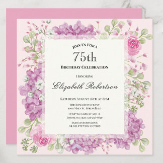 Einladung zum 75. Geburtstag Elegante rosa Blumen