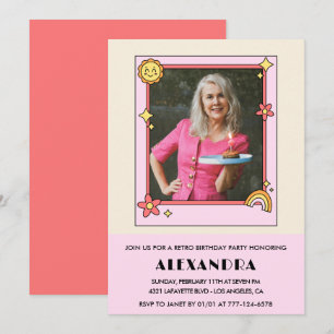 Einladung zum 75. Geburtstag Retro Groovy Pink Flo