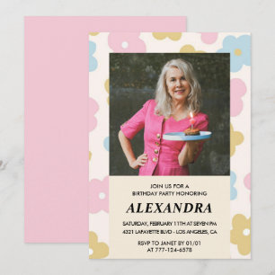 Einladung zum 77. Geburtstag mit rosa Retro-Foto-B