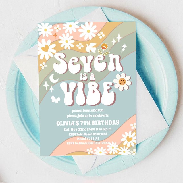 Einladung zum 7. Geburtstag - Retro Regenbogen (Von Creator hochgeladen)