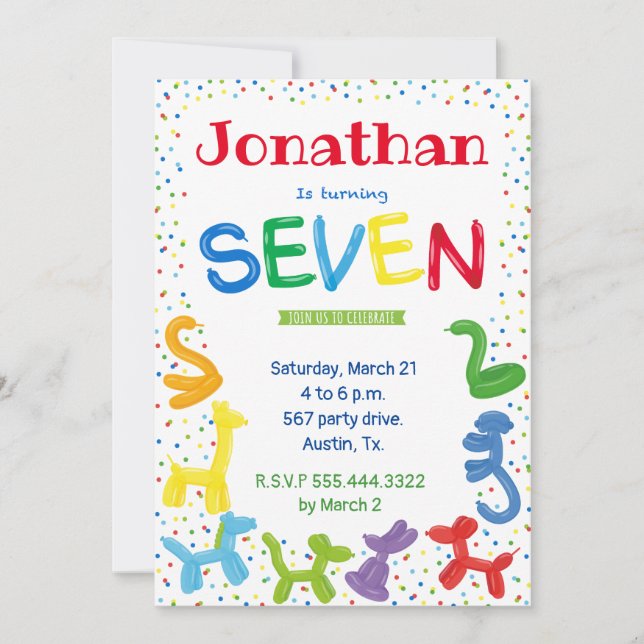 Einladung zum 7. Geburtstag von Tierballons (Vorderseite)