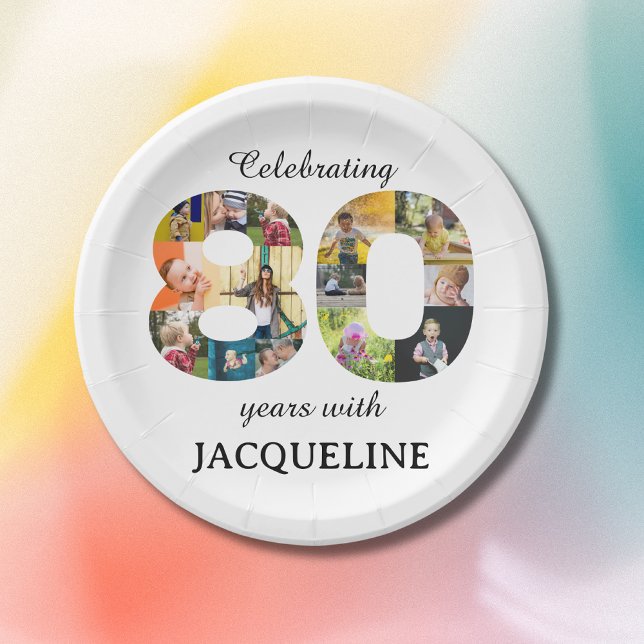 Einladung zum 80. Geburtstag Pappteller (80th birthday personalized party paper plates with family photo collage template.)