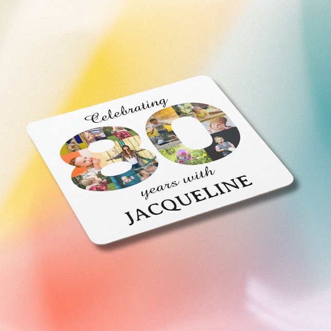 Einladung zum 80. Geburtstag Rechteckiger Pappuntersetzer (80th birthday personalized coasters with family photo collage template.)