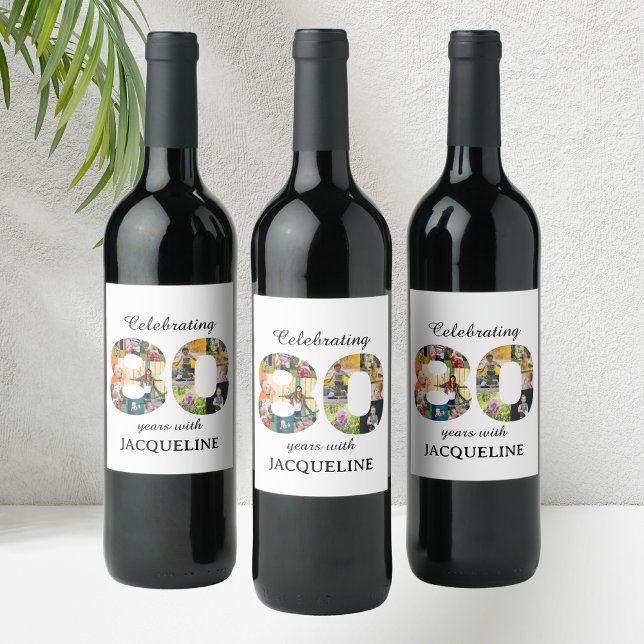 Einladung zum 80. Geburtstag Weinetikett (Personalized 80th birthday wine labels with family photographs collage template.)